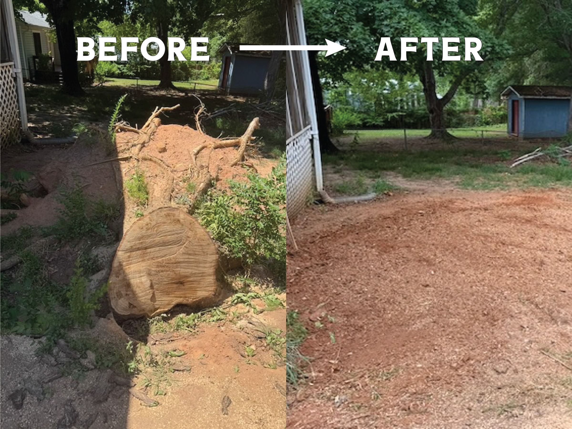 Side-by-side photo: on the left a large blown-over stump and root ball beside a house, on the right the same area ground flat to red clay